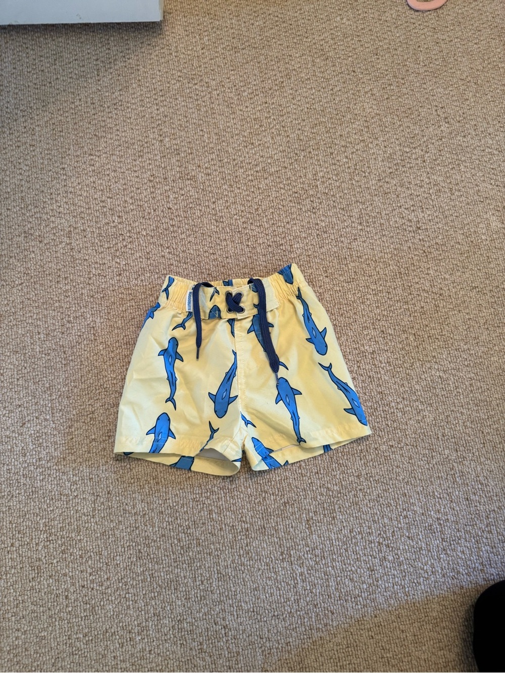 Youth Yellow Swim Trunks with Blue Shark Print